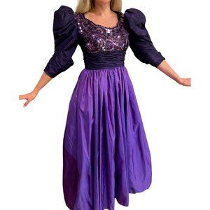Fabulous Vintage 70s Victor Costa Sequin Purple Ball Gown Puff Shoulders Small